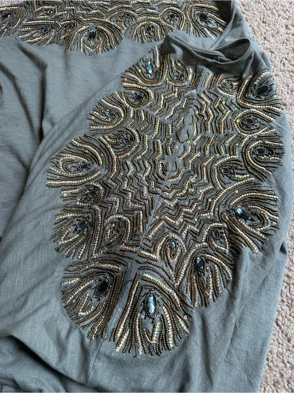 Anthropologie Embellished Olive Green Flutter-Sleeve Top - Picture 5 of 8